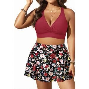 Yonique High Waisted Bikini - Two Piece Swimsuit with Skirt Red Floral Womens 20